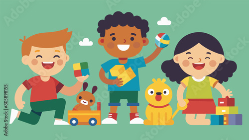 Children happily playing with secondhand toys and games unaware of their previous owners.. Vector illustration