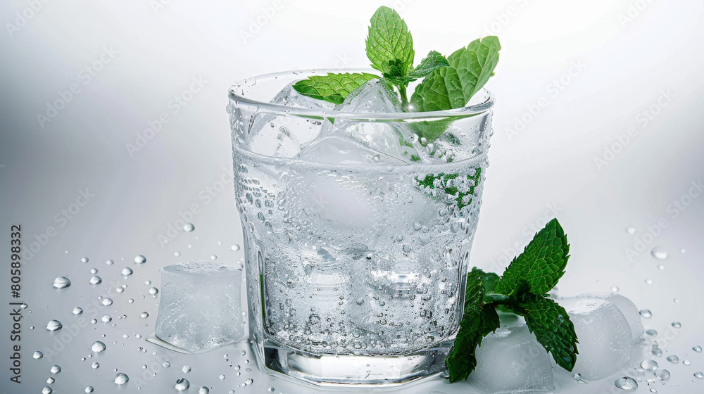 Refreshing summer drink with mint and ice, close-up on a simple white background, sparkling water droplets Refreshing summer drink with mint and ice, close-up on a simple white background, sparkling water droplets