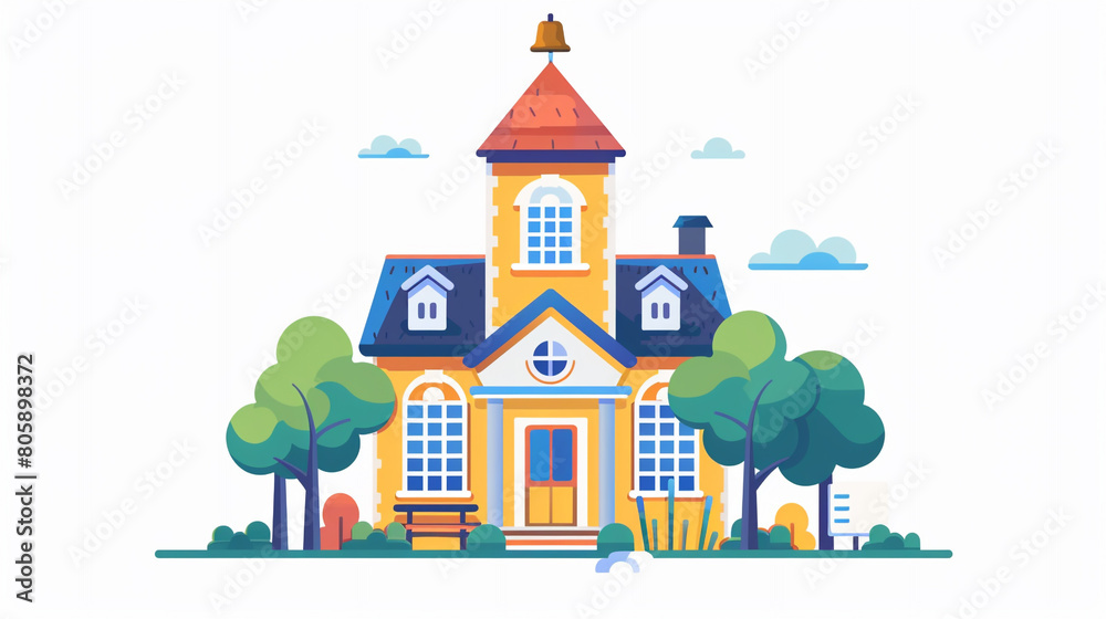 A school building icon with a bell tower representing educational institutions and learning environments with a traditional school facade featuring classrooms libraries fostering a supportive