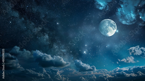 Photo of the night sky with clouds  stars  the moon and the milky way. 