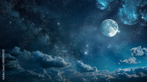 Photo of the night sky with clouds, stars, the moon and the milky way. 