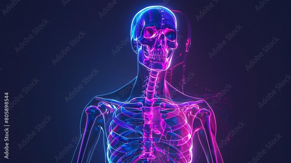 Illuminated Human Skeleton Chest and Head X-ray View Against a Deep Blue Background, Depicting Medical Diagnostics Illuminated Human Skeleton Chest and Head X-ray View Against a Deep Blue Background, Depicting Medical Diagnostics
