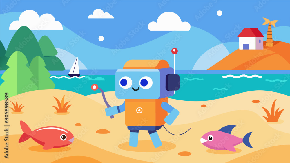 Take your virtual pet to the beach and let them play in the sand swim in the ocean and catch fish.. Vector illustration