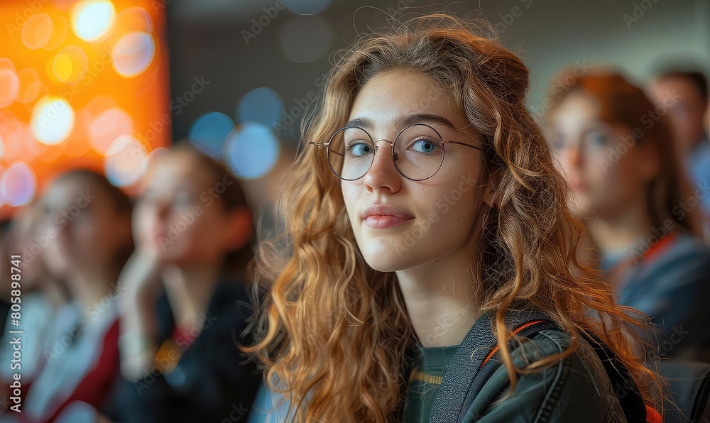 A young woman with long, curly hair and glasses is sitting in a lecture hall. She is looking at the camera with a thoughtful expression.