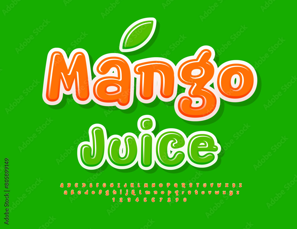 Naklejka premium Vector creative logo Mango juice. Playful handwritten Font. Funny Gloss Alphabet Letters and Numbers set