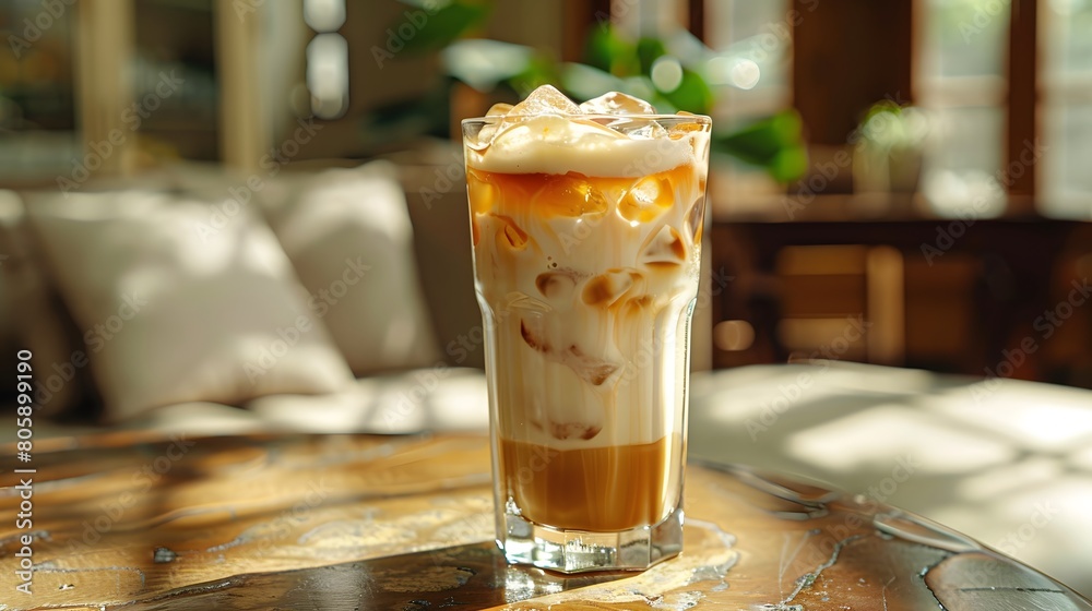 A tall glass of cold ice coffee with cream on top and brown liquid underneath, sitting on a table in front of an out of focus living room with soft lighting A tall glass of cold ice coffee with cream on top and brown liquid underneath, sitting on a table in front of an out of focus living room with soft lighting