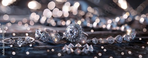 Shimmering platinum jewelry on a velvet background, glowing under spotlights photo