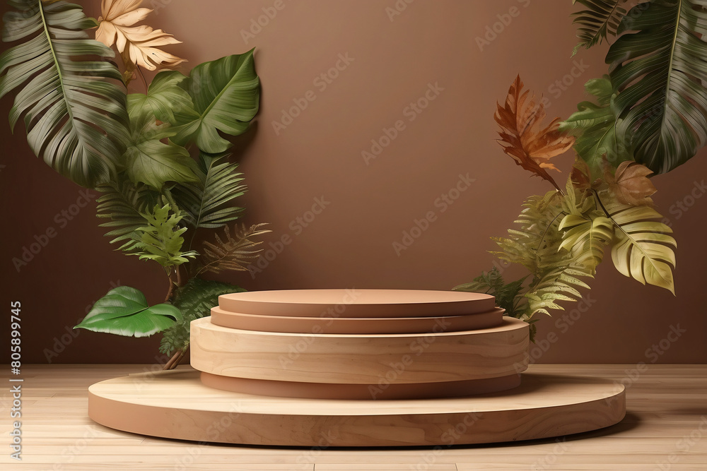 A wooden platform with a leafy plant on top of it A wooden platform with a leafy plant on top of it