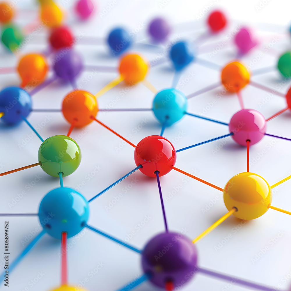 Communication and connection concept with color spheres connected Communication and connection concept with color spheres connected