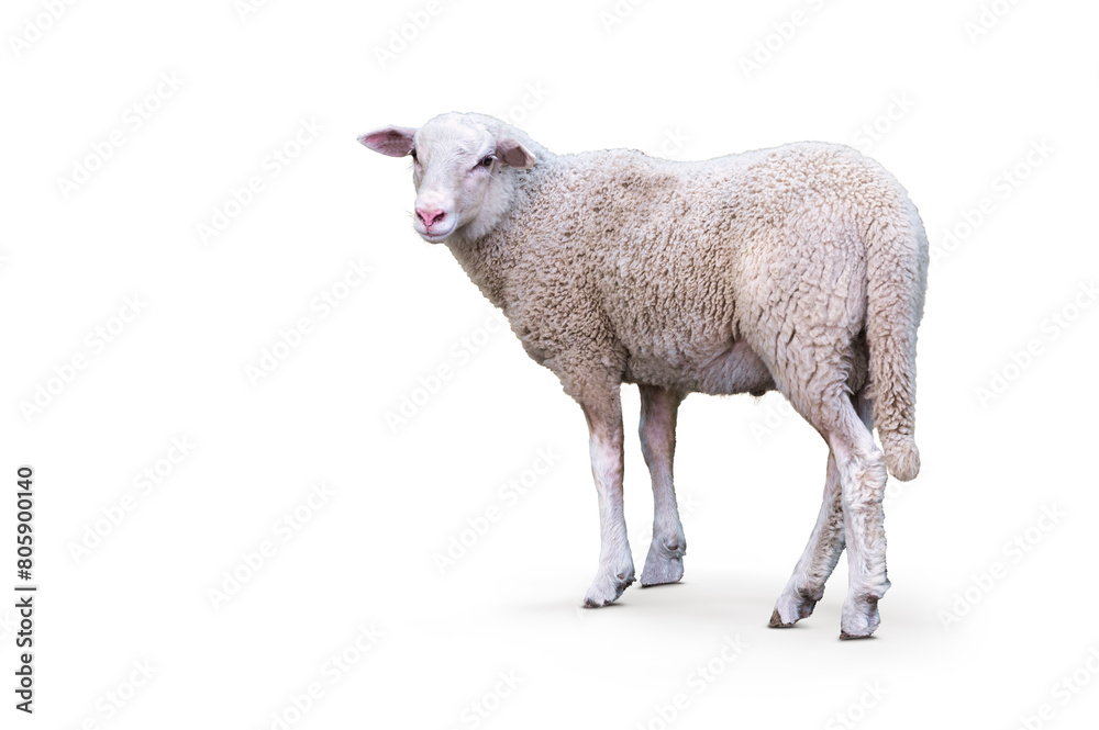 Fototapeta premium Young male sheep isolated on white background. Side view.
