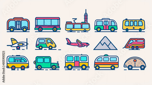 A set of travel icons representing transportation modes like airplanes trains buses and cars designed with precision and clarity to aid in navigation and trip planning.