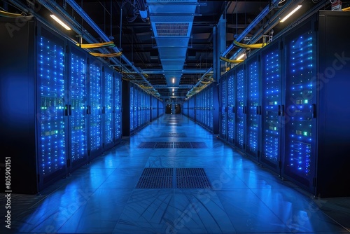 A long, blue-lit hallway with rows of servers on either side.