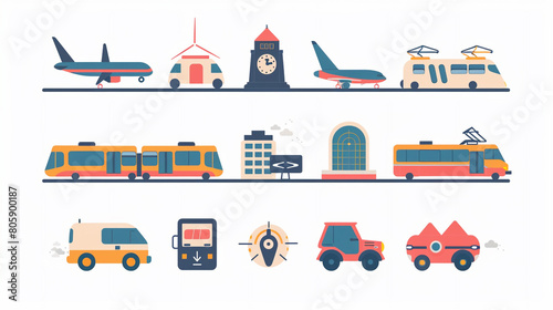 A set of travel icons representing transportation modes like airplanes trains buses and cars designed with precision and clarity to aid in navigation and trip planning.