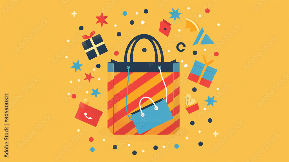 A shopping bag icon overflowing with purchases indicating successful online shopping and a satisfying shopping experience with a stylish shopping bag filled with items and bursting with excitement