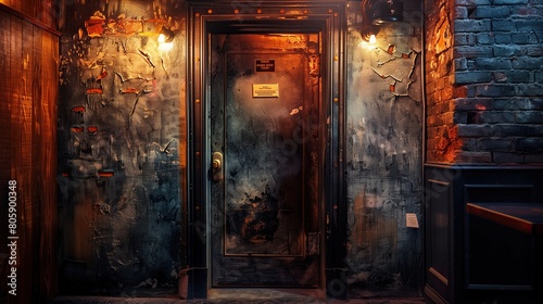 Vintage speakeasy entrance with a password-protected door and dim lighting