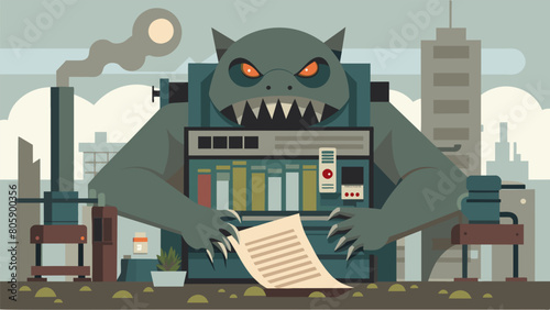 From the abandoned printing press a colossal creature emerged with a body made of rusted newspaper presses and a head adorned with malfunctioning.