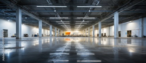 Interior of a warehouse. Wide panoramic view of an empty warehouse.