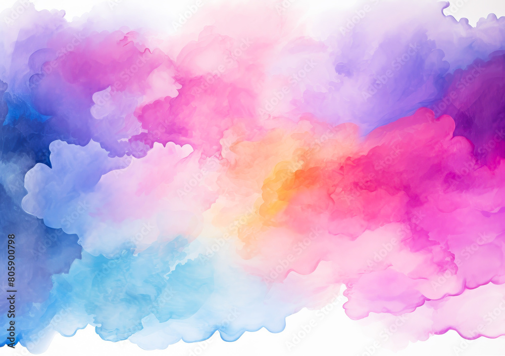 Vibrant Watercolor Cloud Rainbow Sky - Colorful Dreamy Watercolor Painting Background with Fluffy Clouds and Spectrum Rainbow