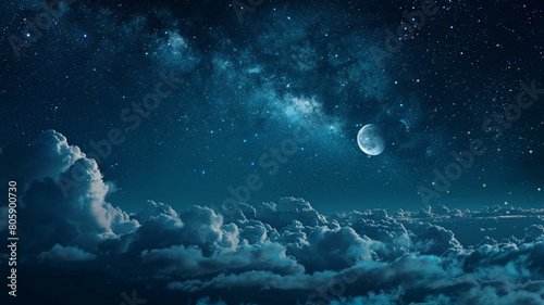 Photo of the night sky with clouds  stars  the moon and the milky way. 