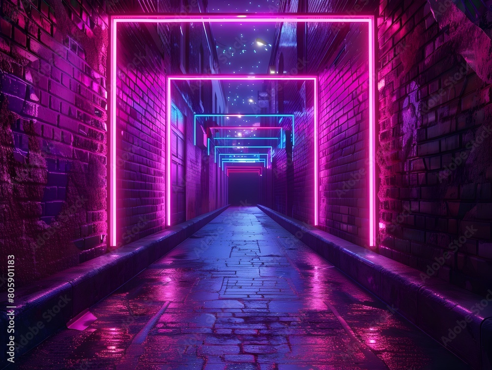 Neon Lit Alley with Gritty Urban Backdrop Ideal for Fashion or Music Products