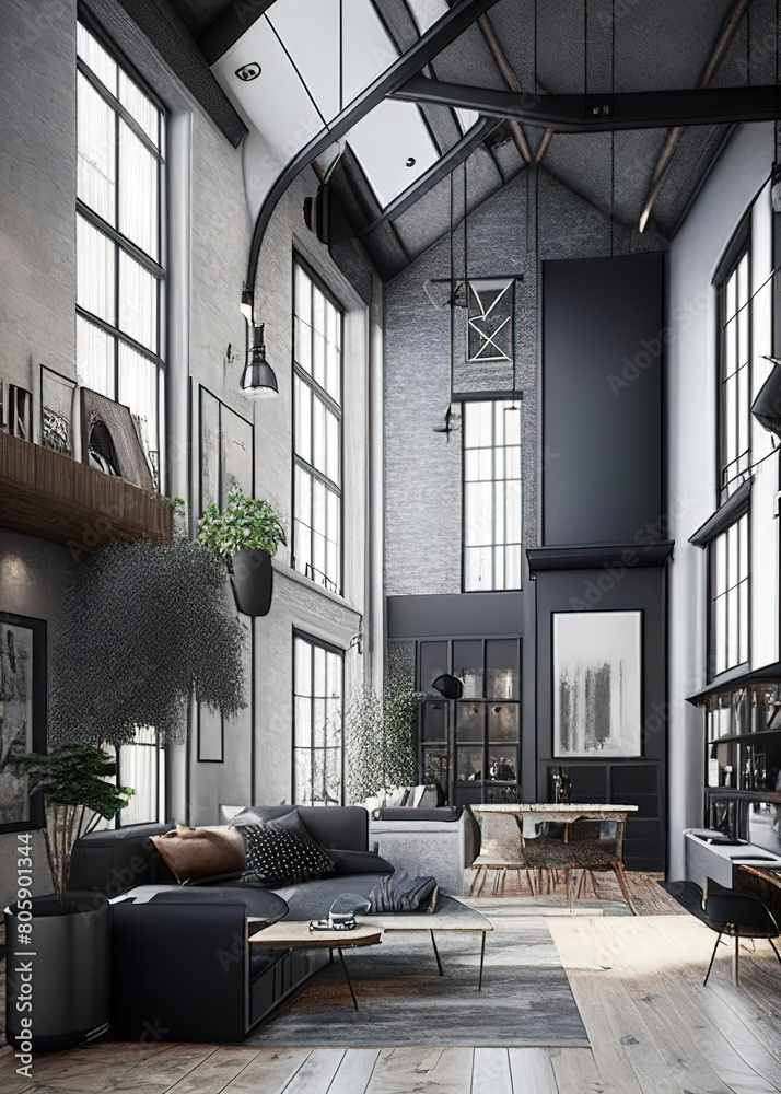 Fototapeta premium Interior studio with high ceilings, loft style, illustration generated by Ai