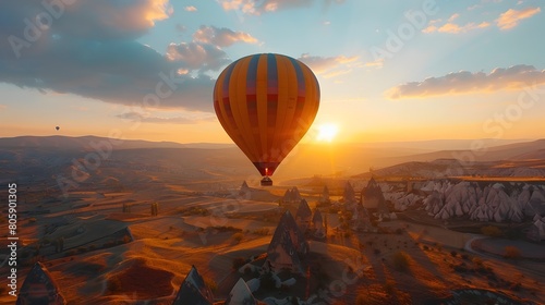 Stunning aerial view of hot air balloons soaring over the enchanting rock formations in Cappadocia Turkey at dawn