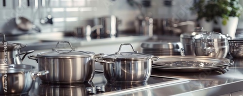 Stainless steel kitchenware arranged neatly on a countertop, with each piece gleaming brightly photo