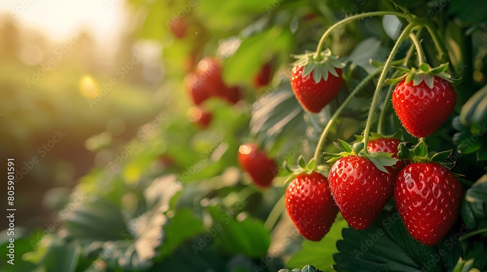 A vibrant and lush strawberry field, with bright red strawberries hanging from the branches in full bloom under warm sunlight. creating an inviting scene of nature's abundance. 