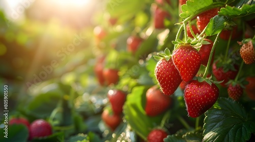 A vibrant and lush strawberry field  with bright red strawberries hanging from the branches in full bloom under warm sunlight. creating an inviting scene of nature s abundance. 