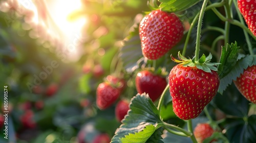 A vibrant and lush strawberry field  with bright red strawberries hanging from the branches in full bloom under warm sunlight. creating an inviting scene of nature s abundance. 