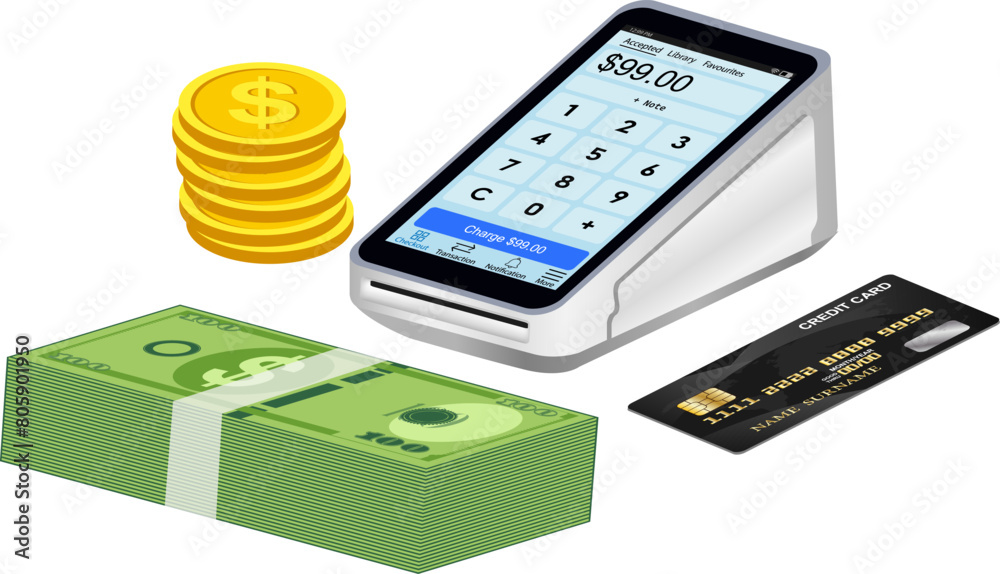 credit card terminal isolated view for credit card reader with money bills, coins and credit card illustration credit card terminal isolated view for credit card reader with money bills, coins and credit card illustration
