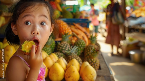 A happy toddler is sitting at a market, eating a juicy mango with her fingers. Her food craving satisfied, she is content sharing bites with her mom, building memories over delicious cuisine AIG50