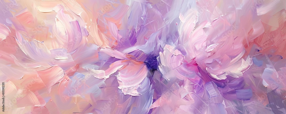 Thin, delicate brushstrokes in pastel pinks and purples, suggesting the softness of flower petals