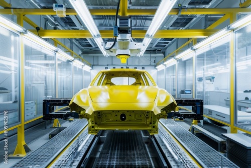 Industrial robot applying yellow paint to passenger car body in factory production line