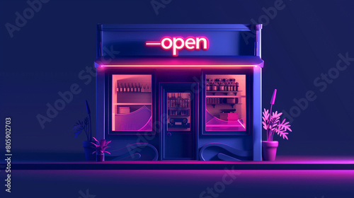 A storefront icon with an open sign representing online storefronts and virtual marketplaces with a stylized storefront facade and a glowing "open" sign welcoming customers to explore a wide range