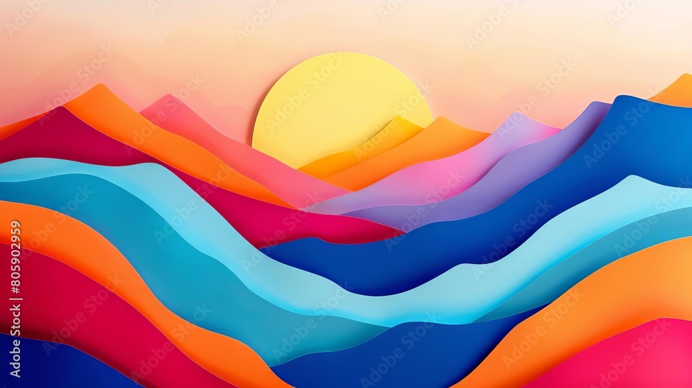 Vibrant geometric shapes cut in layers to form a surreal landscape of rolling hills and abstract mountains Vibrant geometric shapes cut in layers to form a surreal landscape of rolling hills and abstract mountains