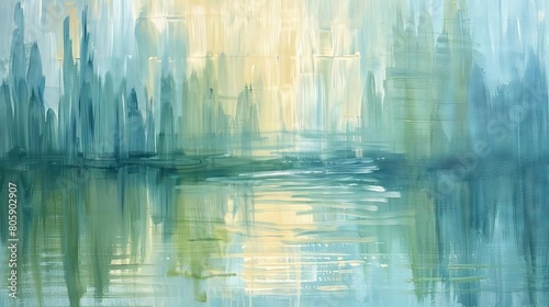 Vertical strokes in muted greens and blues that mimic the look of a serene lake at dusk