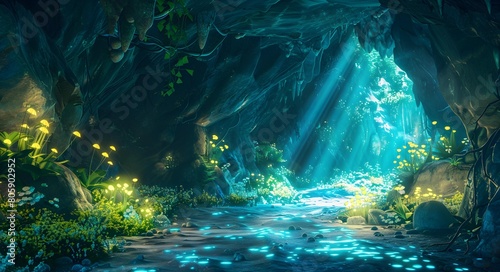 A caverns illuminated by bioluminescent flora fantasy