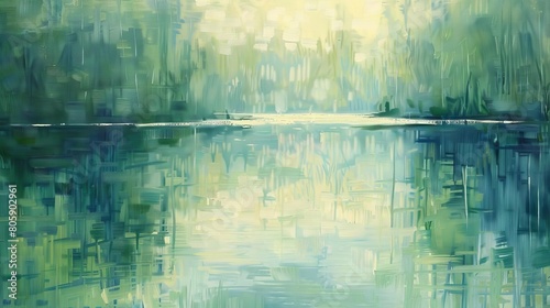 Vertical strokes in muted greens and blues that mimic the look of a serene lake at dusk