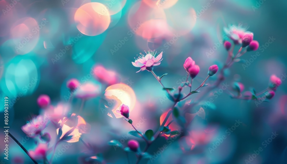 Vibrant pink and turquoise bokeh lights, glowing softly like exotic flowers Vibrant pink and turquoise bokeh lights, glowing softly like exotic flowers