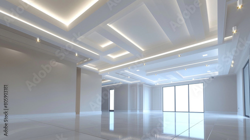 Multi-level white ceiling in a large room, enhanced by halogen spots for a bright atmosphere.