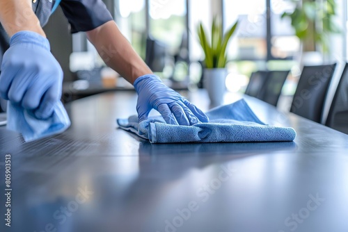 Cleaning staff using disinfectant to wipe tables, maintaining cleanliness in the office workspace photo