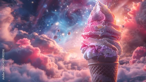 Ice cream in waffle cone with pink and purple colors on the background of clouds and sky