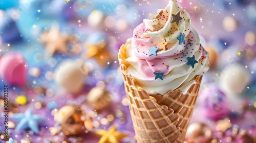 Ice cream in waffle cone with confetti and stars on blurred background