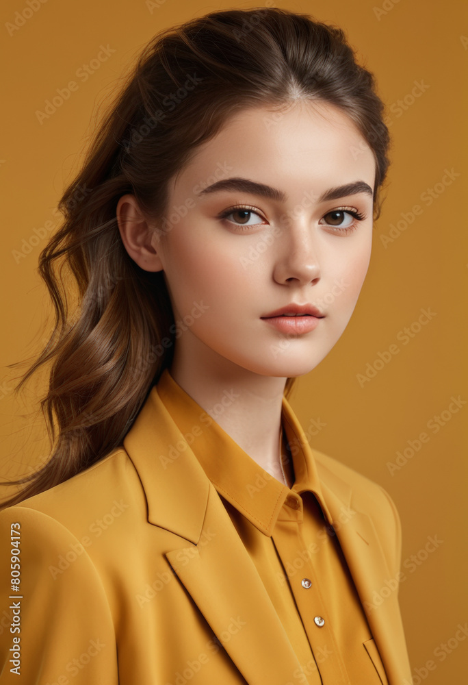 Elegant young woman with a subtle smile, wearing a stylish mustard blouse, posing on a matching background, ideal for fashion and beauty concepts Elegant young woman with a subtle smile, wearing a stylish mustard blouse, posing on a matching background, ideal for fashion and beauty concepts