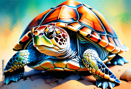 Vibrant digital illustration of a sea turtle on a beach, ideal for World Turtle Day and marine conservation topics