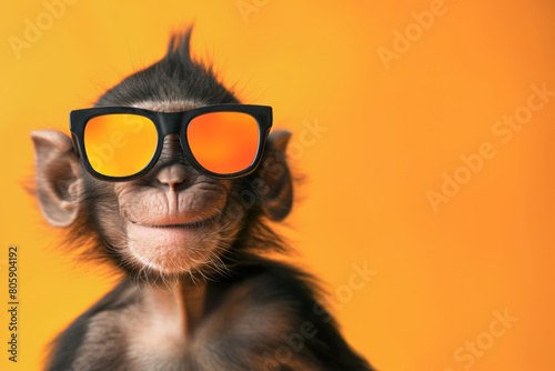 Monkey in sunglasses on yellow bg  Vision care Eyewear for facial hair. Generative AI