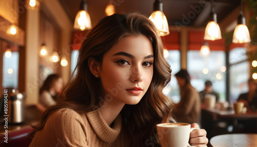 Young woman enjoying a coffee in a cozy cafe setting, perfect for lifestyle blogs and International Coffee Day promotions