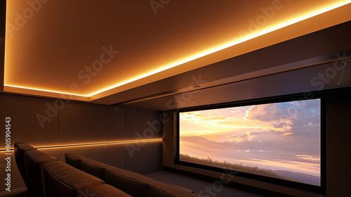 A stylish home cinema room where the acoustic ceiling features recessed lighting for minimal glare on the screen © MuhammadHamza