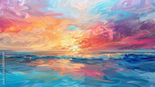 Colorful sky and ocean wave abstract background. Oil painting style. 